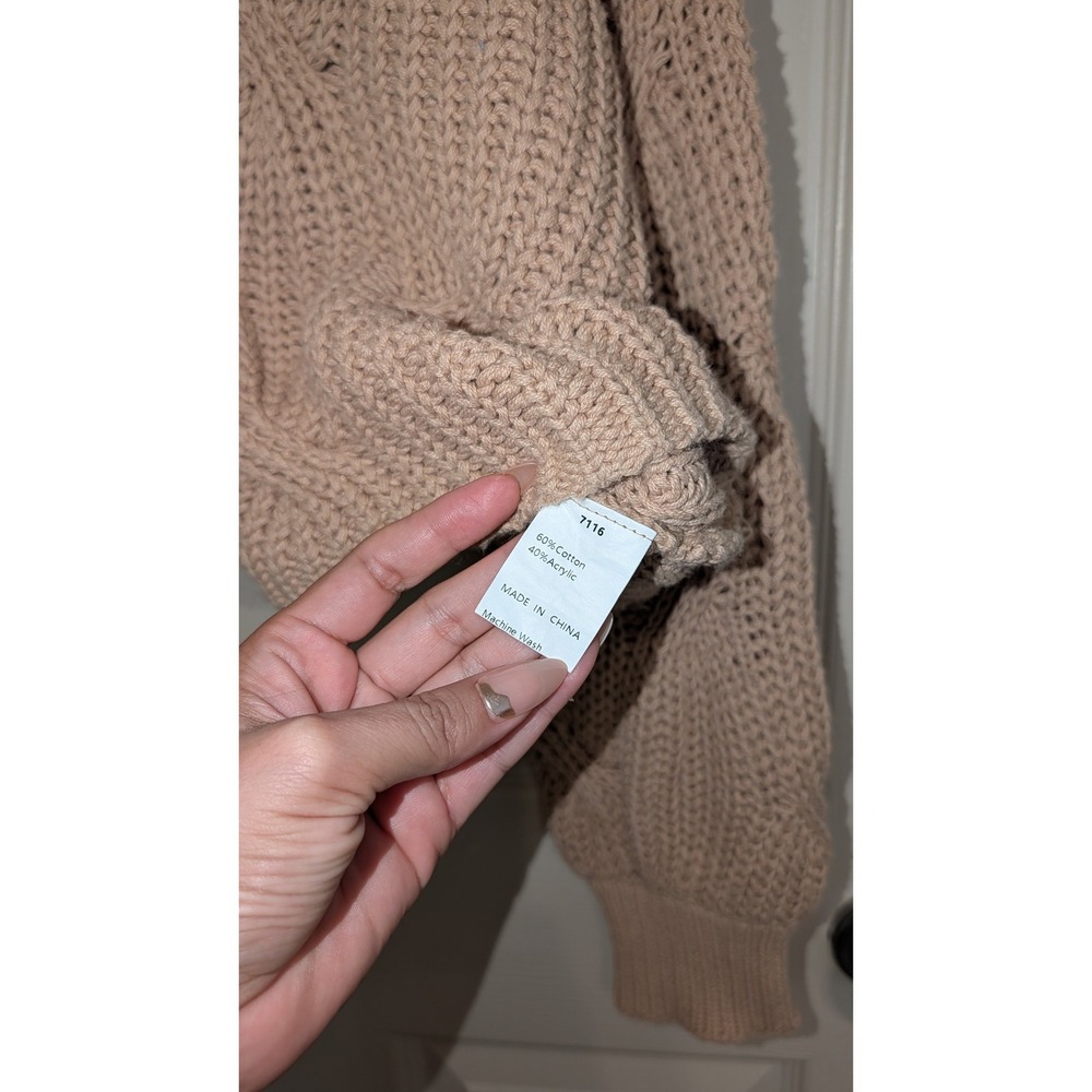 Cable Knit Mock Neck Sweater Tan Beige - Picture 3 of 4